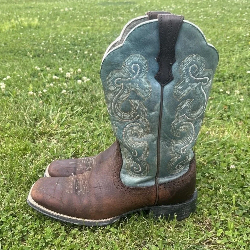 Ariat Quickdraw Western Cowboy Boots Women's 9B Brown Turquoise Square Toe - Picture 3 of 12